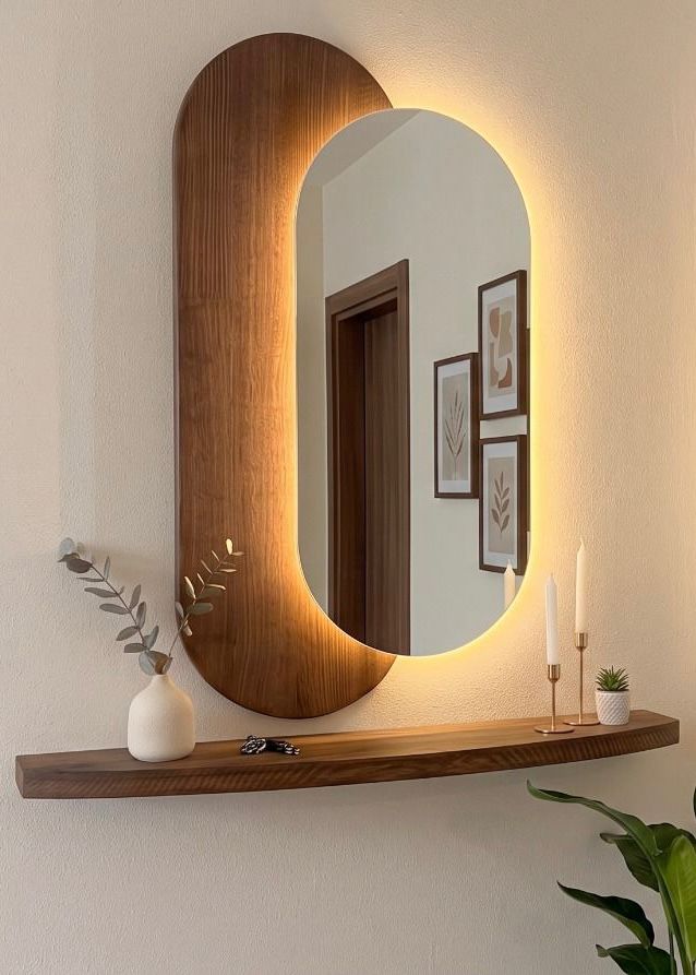 Lumi – Ovalt LED-spejl med Træpanel og Hylde 100x55 cm (2)
