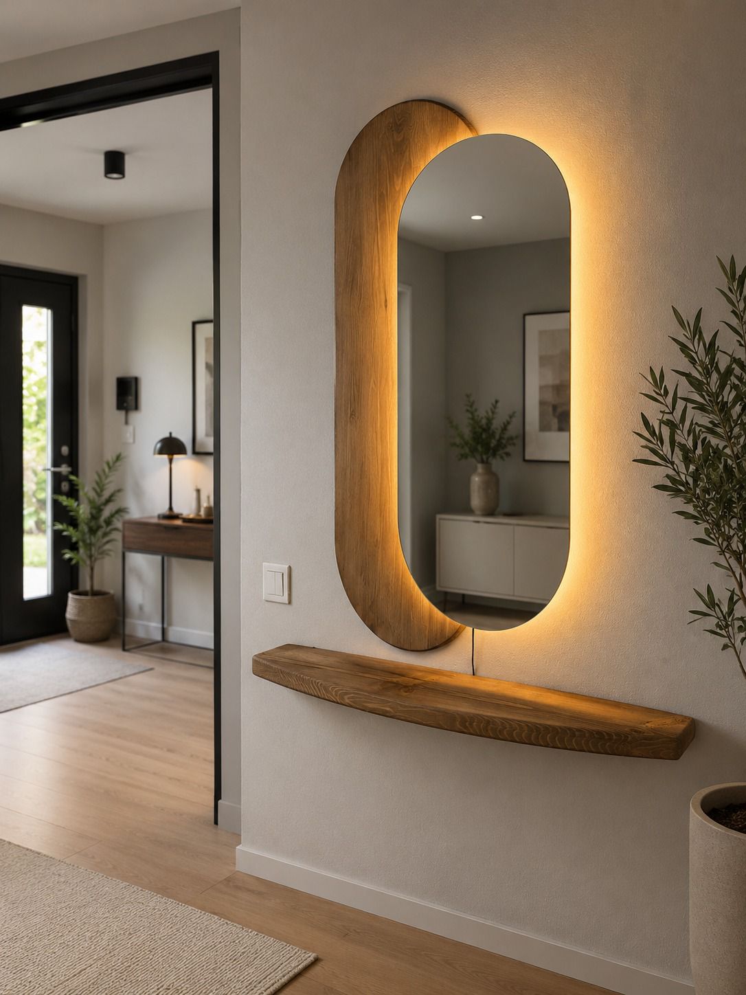 Lumi – Ovalt LED-spejl med Træpanel og Hylde 100x55 cm (3)