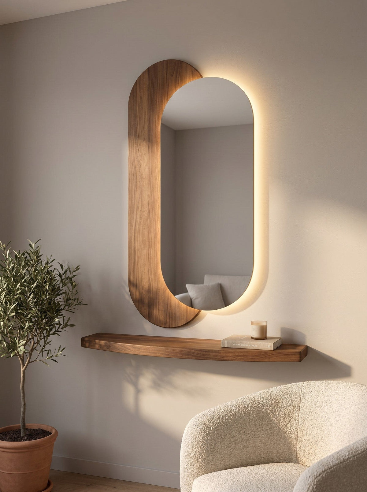 Lumi – Ovalt LED-spejl med Træpanel og Hylde 100x55 cm (5)