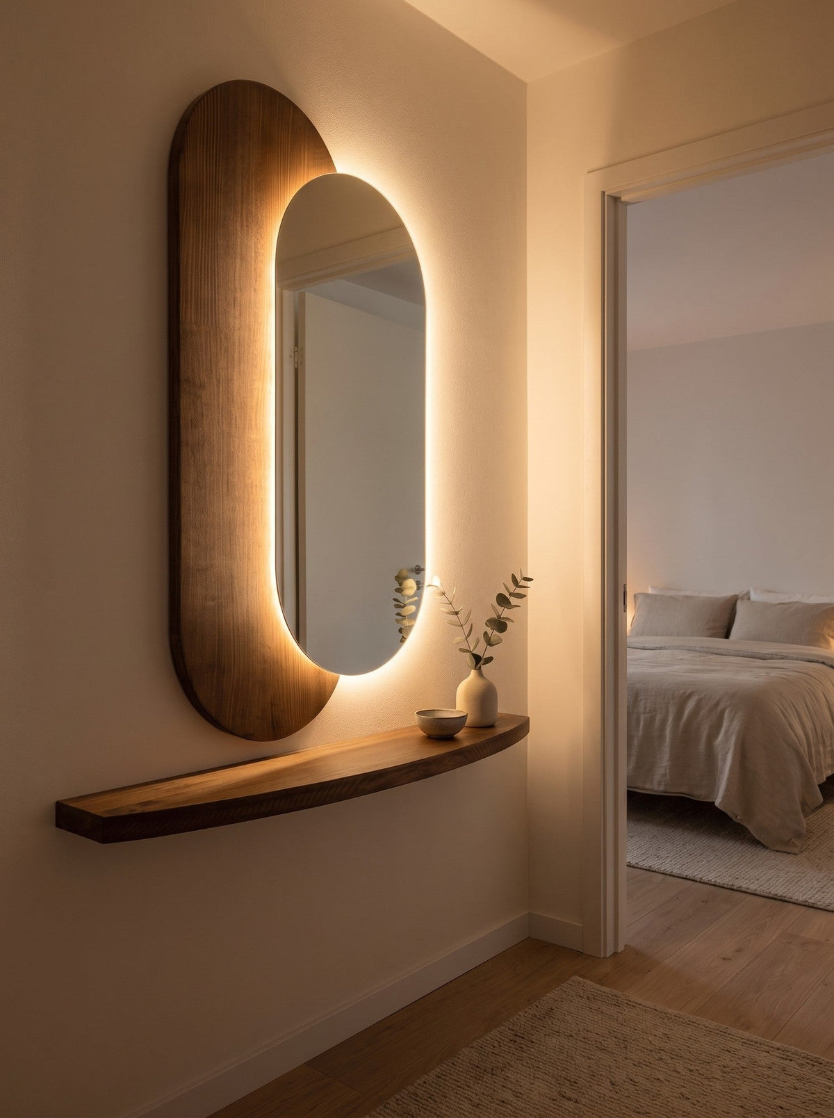 Lumi – Ovalt LED-spejl med Træpanel og Hylde 100x55 cm (4)